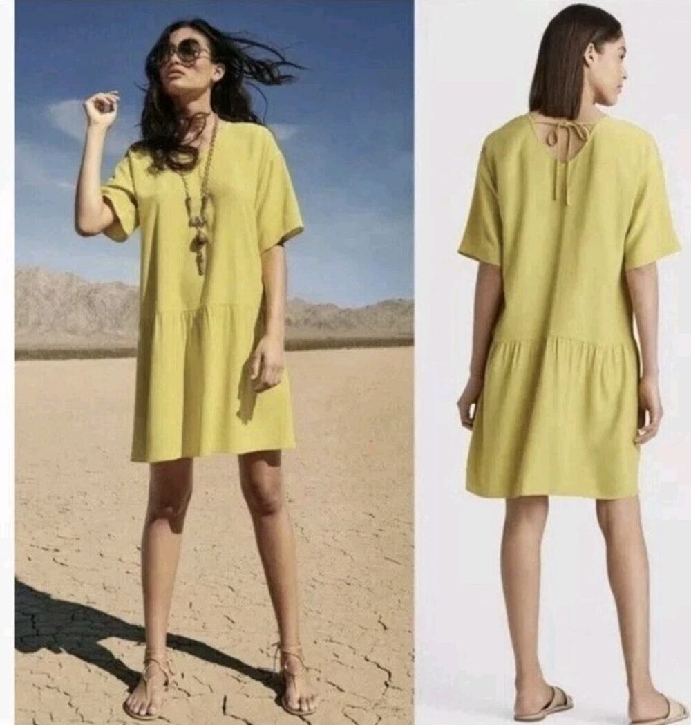 Eileen Fisher Tencel Viscose Crepe Drop Waist Dress Womens M Mustard Yellow Chic